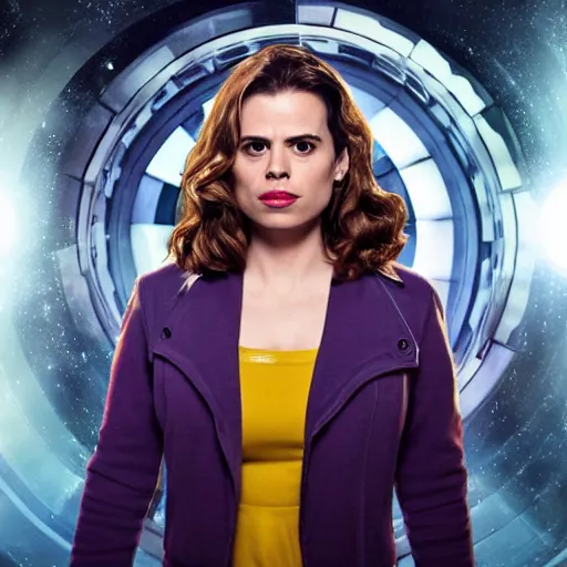 Image similar to a beautiful full body photograph of hayley atwell dressed as doctor who, time vortex in the background, detailed face, symmetrical face, extreme realism and detail, 8 k, completely framed, direct lighting, 3 5 mm photo, photorealistic, sharp focus