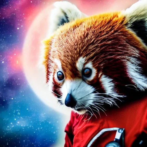 Image similar to red panda in a spacesuit in space having an epiphany