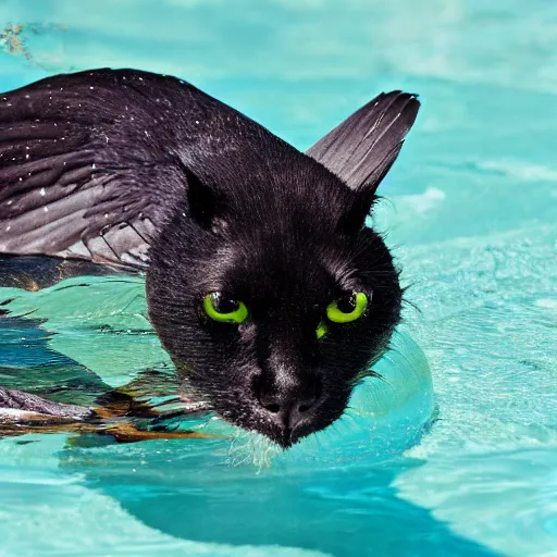 Prompt: a kiwi bird swimming in a pool together with a black cat, high quality