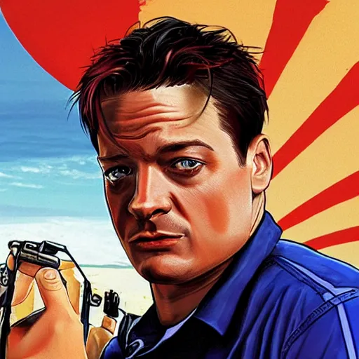 Image similar to Brendan Fraser in the style of a Grand Theft Auto Cover