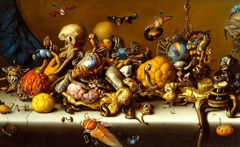 Prompt: disturbing colorful oil painting dutch golden age vanitas still life with bizarre objects strange gooey surfaces shiny metal bizarre insects rachel ruysch dali todd schorr very detailed perfect composition rule of thirds masterpiece