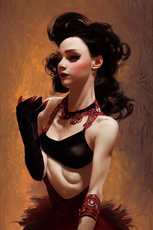 Image similar to a beautiful portrait of ballerina with long black and deep red colored hair dressed as a 1 9 6 0 s go - go dancer, intricate, elegant, highly detailed, digital painting, artstation, concept art, matte, sharp focus, illustration, art by greg rutkowski and alphonse mucha