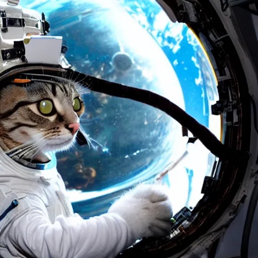 Prompt: cat astronaut repairing the international space station