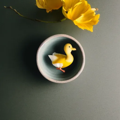 Prompt: cute duckling in a small porcelain bowl, photography, minimalistic, 8 k