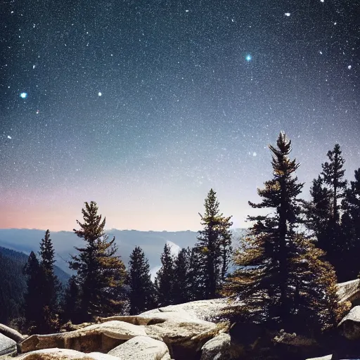 Image similar to a photograph of a pine tree on top of a rocky mountain, star shining in space, highly detailed, sharp focus, cinematic, hyperrealism, photorealistic