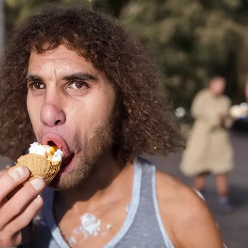 Image similar to photo of a neanderthal eating ice cream for the first time