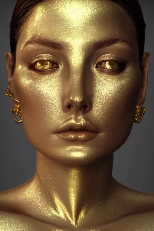 Prompt: a photorealistic portrait of a goddess ((Gold fluid simulation in the background)), perfectly proportioned face, ultra super good realistic 3D render by Pete Morbacher and Emil Melmoth, insanely detailed, trending on artstation