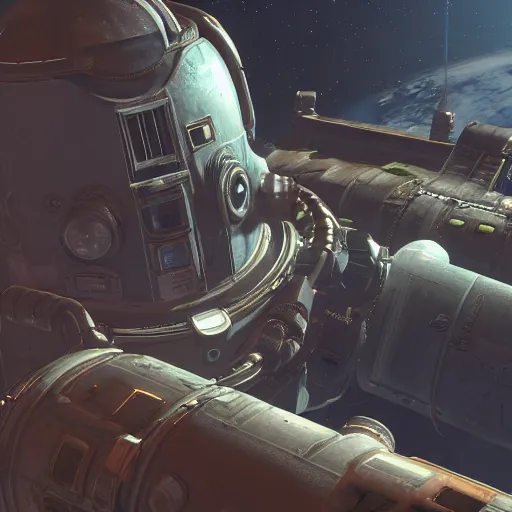 Image similar to fallout 4 in space, space station, stars, high res, raytracing, unreal engine