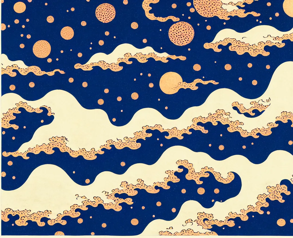 Image similar to dream waves on the starfields by katsushika hokusai and yayoi kusama