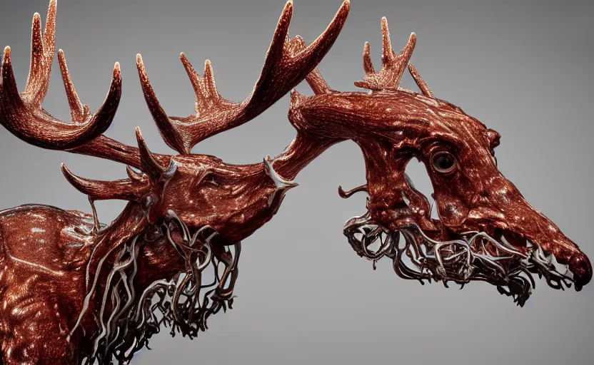 Image similar to stylized shiny polished silver statue full body bizarre cosmic horror quadruped animal moose deer skull four legs made of slug creature tendrils, perfect symmetrical body, perfect symmetrical face, hyper realistic, hyper detailed, by johannen voss, by michelangelo, octane render, blender, 8 k, displayed in pure white studio room anatomical deep red arteries veins flesh