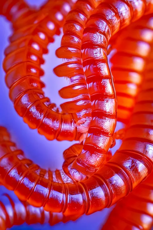 Image similar to high quality close-up photo translucent gelatinous centipede! gorgeous highly detailed hannah yata elson peter cinematic orange lighting high quality low angle hd 8k sharp shallow depth of field