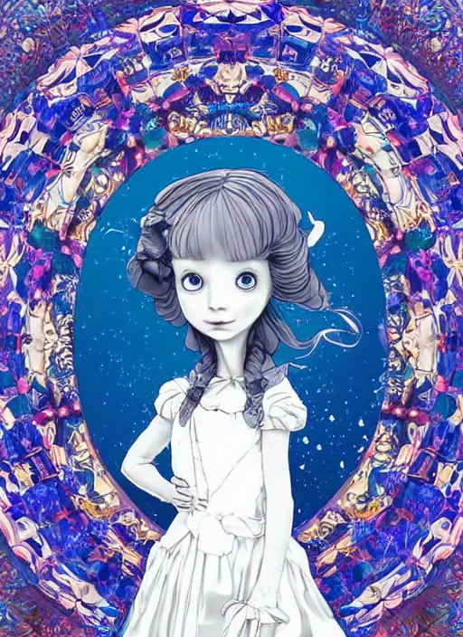 Prompt: alice in wonderland, young girl in blue dress with white apron, lolitastyle, clear symmetrical face portrait, fantasy, victorian gothic, cosmic energy, kaleidoscope, psychedelic, by tim burton, hiroshi yoshida, yoshitaka amano, tim burton, shaun tan, artgerm