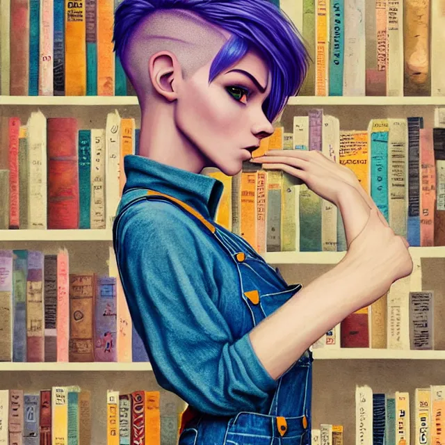 Image similar to full body pose, beautiful adult book fairy, pixar, short white hair shaved sides, dirty, grungy, grunge, long sleeve, painted overalls, stacks of giant books, highly detailed, 4 k, hdr, smooth, sharp focus, high resolution, award - winning photo, artgerm, photorealistic