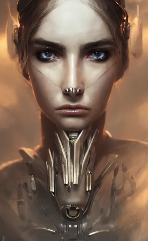 Image similar to a cyborg demon girl, ana de armas, flawless symmetrical pretty cute face, greg rutkowski, 8 k, shallow depth of field, intricate detail, concept art,