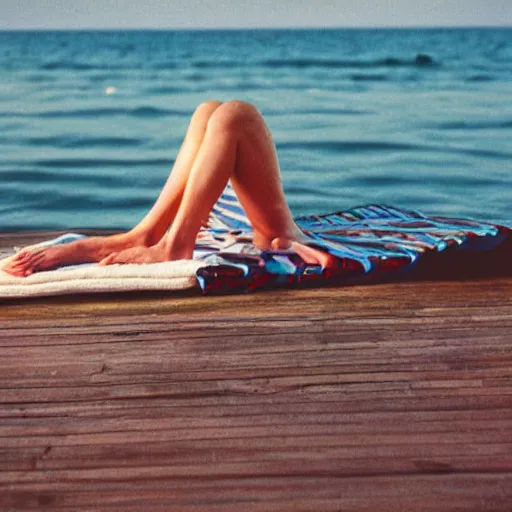 Image similar to A Film photograph of a swimsuit clothes, no person, left on a deck chair. by Cameron Hammond. 1980s magazine style. Cinematic, Golden Hour. Lens flare. 85mm lens, Kodak Gold Film photography