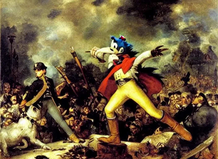 Prompt: romanticism painting of sonic the hedgehog during the french revolution, by eugene delacroix