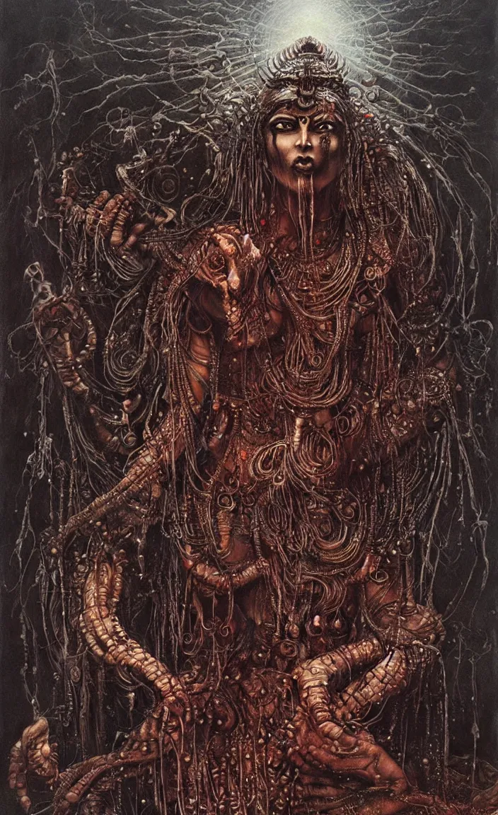 Image similar to Shiva is dancing. Drops of blood. Dark colors, high detail, hyperrealism, intricate details, masterpiece, art by Greg Broadmore, Esao Andrews, Beksinski, Giger