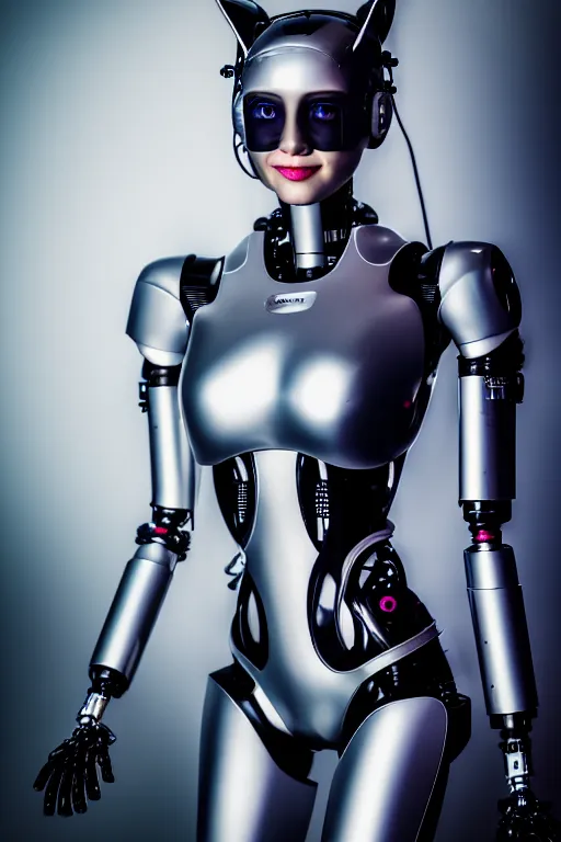 Image similar to cybernetic ultra high tech female robot with cat ears, sci - fi, cyberpunk, high tech, futurism, exoskeleton, symmetry, cinematic, elegant, luxury, perfect light, perfect composition, dlsr photography, sharp focus, 8 k, ultra hd, sense of awe, highly detailed, realistic, intricate, science journal cover