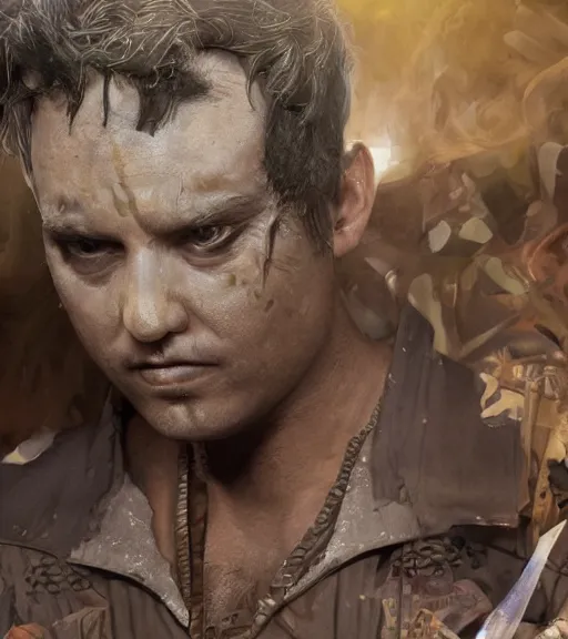Image similar to portrait of muscular, tired and alcoholic 3 0 - year - old grieving man with short darkblonde hair, serious sad look in his eyes, looking down, dirty beard, blue eyes, crying tears, wearing dirty soldier uniform, on the desert, sad atmosphere, hyper realistic face, character art, art by mark brooks, cryengine, trending on artstation, digital art