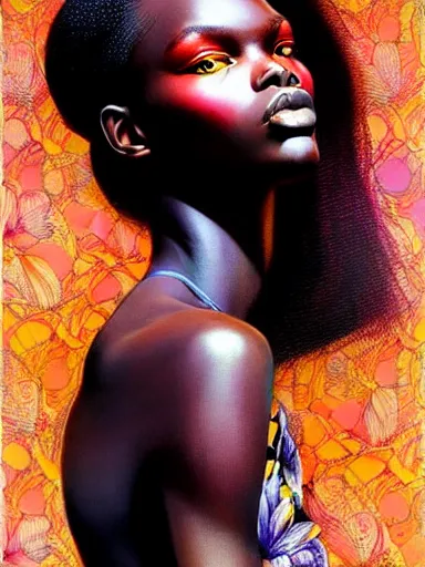 Image similar to a portrait of duckie thot with a floral background by karol bak, artgerm, moebius, yoji shinkawa : : portrait, illustration, photorealism, hyperrealism