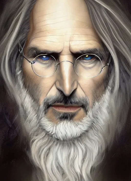 Prompt: Portrait of Steve Jobs, white glowing eyes, silver shaggy hair, cloak, ethereal wings, male, fantasy, extremely detailed, digital painting, artstation, concept art, smooth, sharp focus, illustration, stunning lighting, art by artgerm and greg rutkowski and alphonse mucha and simon stalenhag, realistic character concept, high fantasy, light atmosphere, golden ratio, cinematic lighting, hyperdetailed, high resolution, insanely detailed and intricate, artstation, Marc Simonetti, Greg Rutkowski, 8k