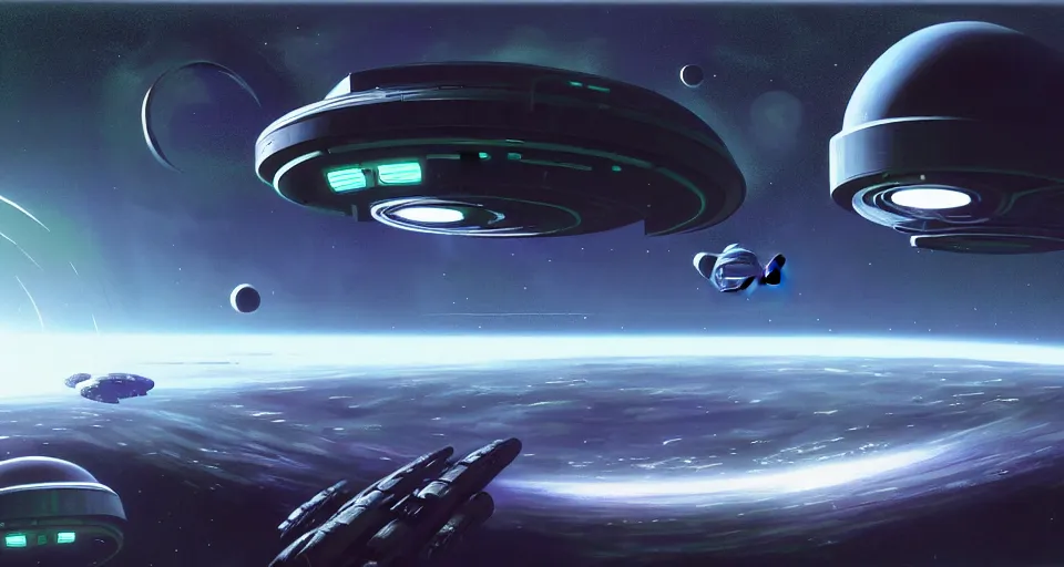 Prompt: ( one! futuristic round space station!!!!! ) in orbit above a ( green planet!!!! ) | starships!! | realistic!! sci - fi matte concept art painting, painted by andrew wallin, mass effect, james gurney, and halo!!, smooth, intricate!!, detailed!!, sharp focus, cinematic