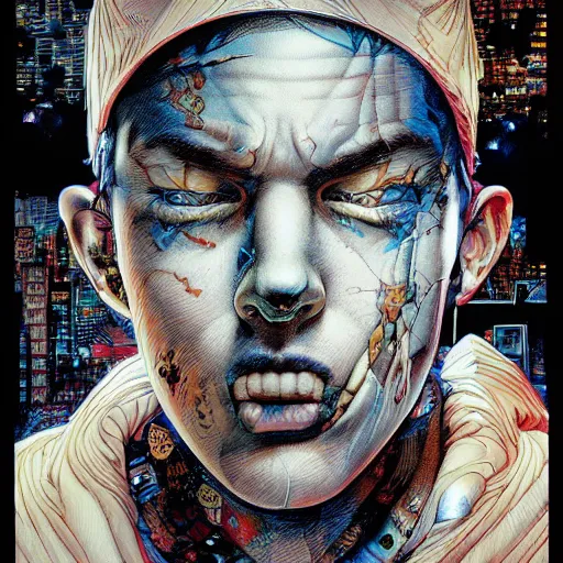 Image similar to portrait of crazy eminem, symmetrical, by yoichi hatakenaka, masamune shirow, josan gonzales and dan mumford, ayami kojima, takato yamamoto, barclay shaw, karol bak, yukito kishiro