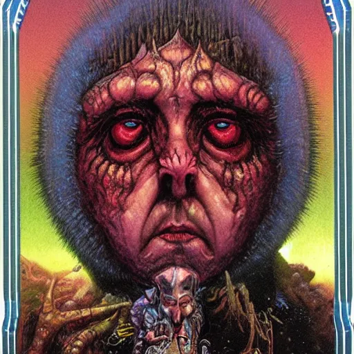 Image similar to Garbage Pail Kids trading card of Nicolas Cage as god of chaos in a hood dark fantasy, intricate, smooth, artstation, painted by Wayne Barlowe, zdislav beksinski