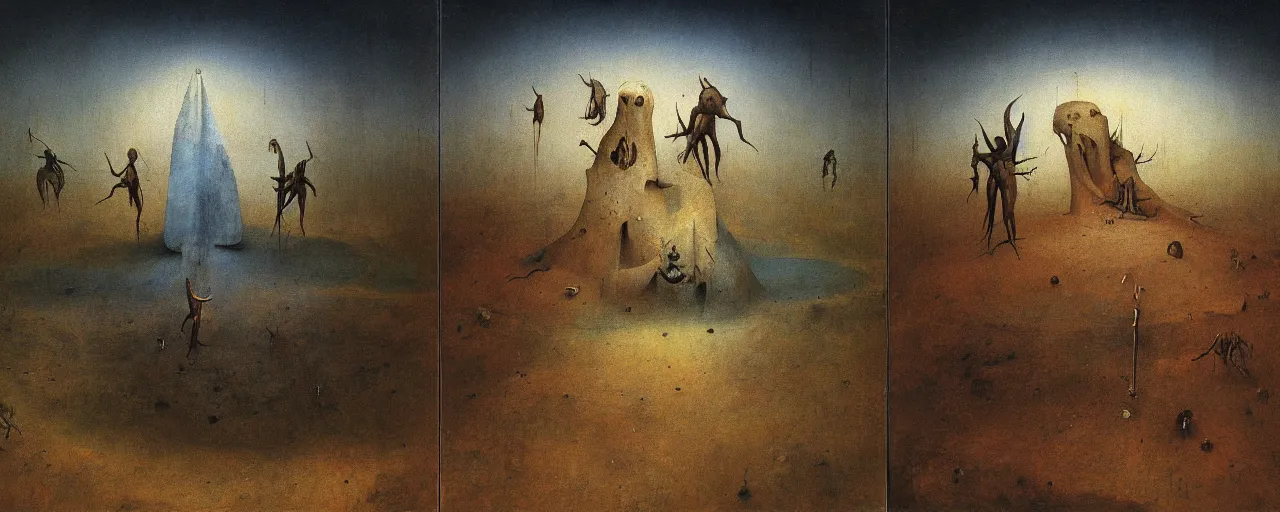 Prompt: Barren Desert Triptych by Hieronymus Bosch, Zdzislaw Beksinski, surreal oil painting, highly detailed, dream like, masterpiece