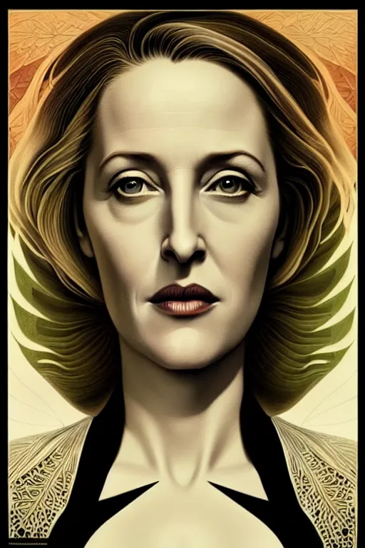 Image similar to young gillian anderson portrait, art deco, x - files, intricate art deco leaf designs, elegant, highly detailed, sharp focus, art by artgerm and beeple and greg rutkowski and wlop