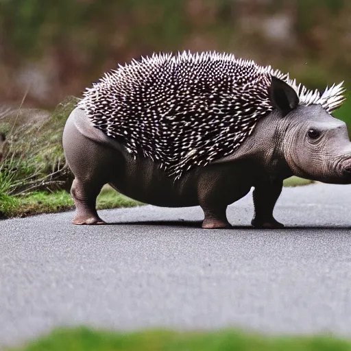 Prompt: photo of a hybrid between a hedgehog and a rhinoceros