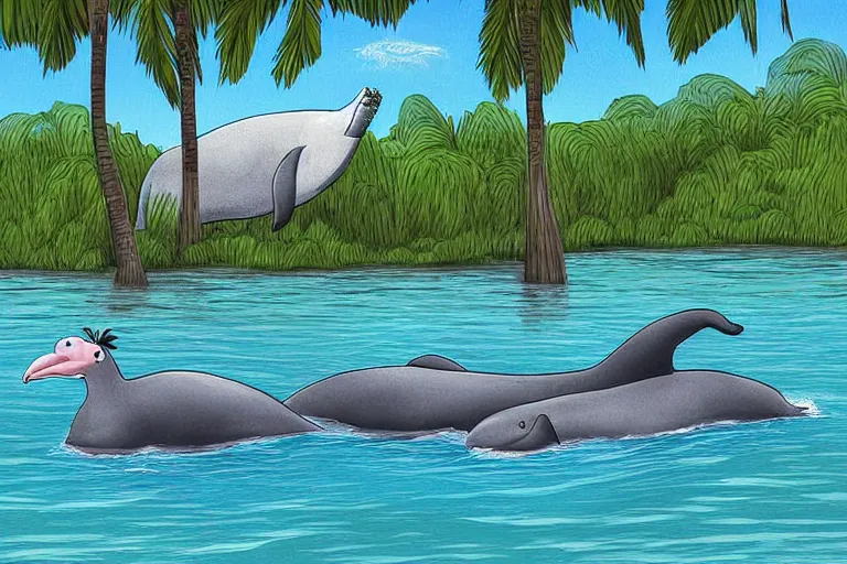 Prompt: digital art of a cassowary and a beluga whale relaxing together, beach, detailed, cartoon,