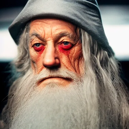 Image similar to gandalf smoking weed with red eyes