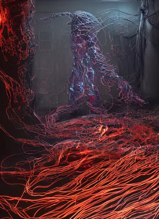 Prompt: rgb wires, fire, rage, cinematic, movie scene, inspired by zdzislaw beksinski, clothes made out of veins,, cables everywhere, bedroom, ultra realistic, concept art, intricate details, highly detailed, photorealistic, octane render, 8 k