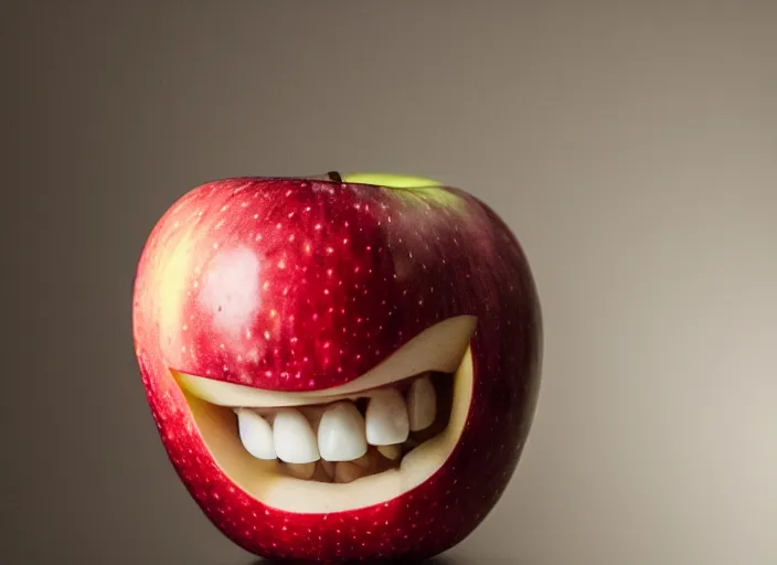 Prompt: photo still of an apple with human teeth, 8 k, studio lighting bright ambient lighting key light, 8 5 mm f 1. 8