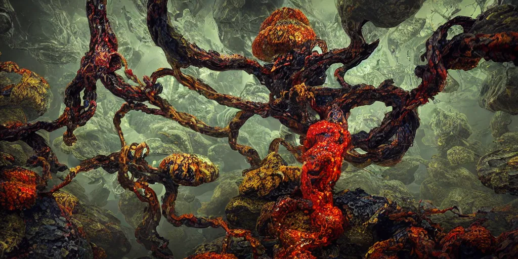 Image similar to Photorealistic symmetrical intricate detailed picture of a levitating floating fungus spirit with arms outstretched, made from colourful fungus tendrils. a gentle rising mist, an epic rocky landscape. occult photorealism, UHD, amazing depth, glowing, golden ratio, 3D octane cycle unreal engine 5, volumetric lighting, cinematic lighting, cgstation artstation concept art