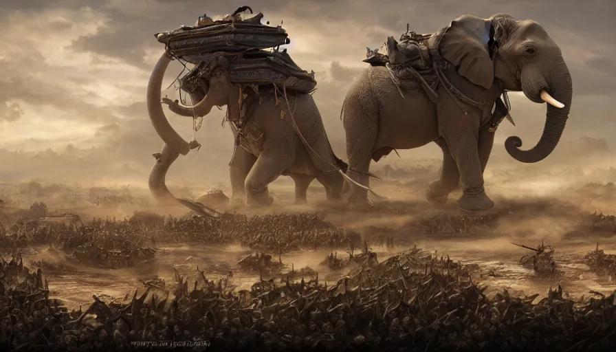 Image similar to matte painting of a beautiful fight scene of two warloads ride on their war - elephents in the center of the scene, digital art, trending on artstation