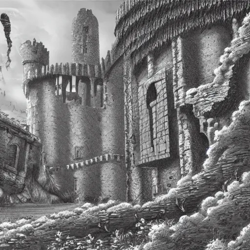 Prompt: ruined castle in the style of kentaro miura, 4 k, 8 k, absolute detailing of even the smallest details and particles, beautiful shadows, beautiful art, black and white drawing