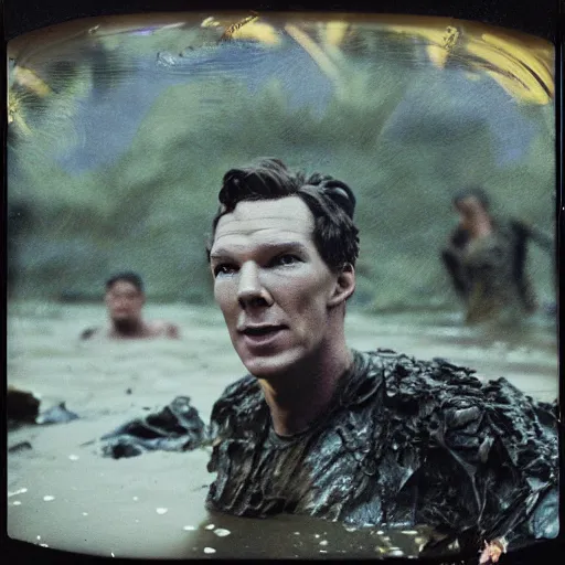 Prompt: film still, close up, benedict cumberbatch claymation rising out of muddy vietnam river, face covered in mud, combat helmet, low camera angle at water level, night time, film still from apocalypse now ( 1 9 7 9 ), 2 6 mm polaroid polaroid polaroid polaroid polaroid expired expired expired,