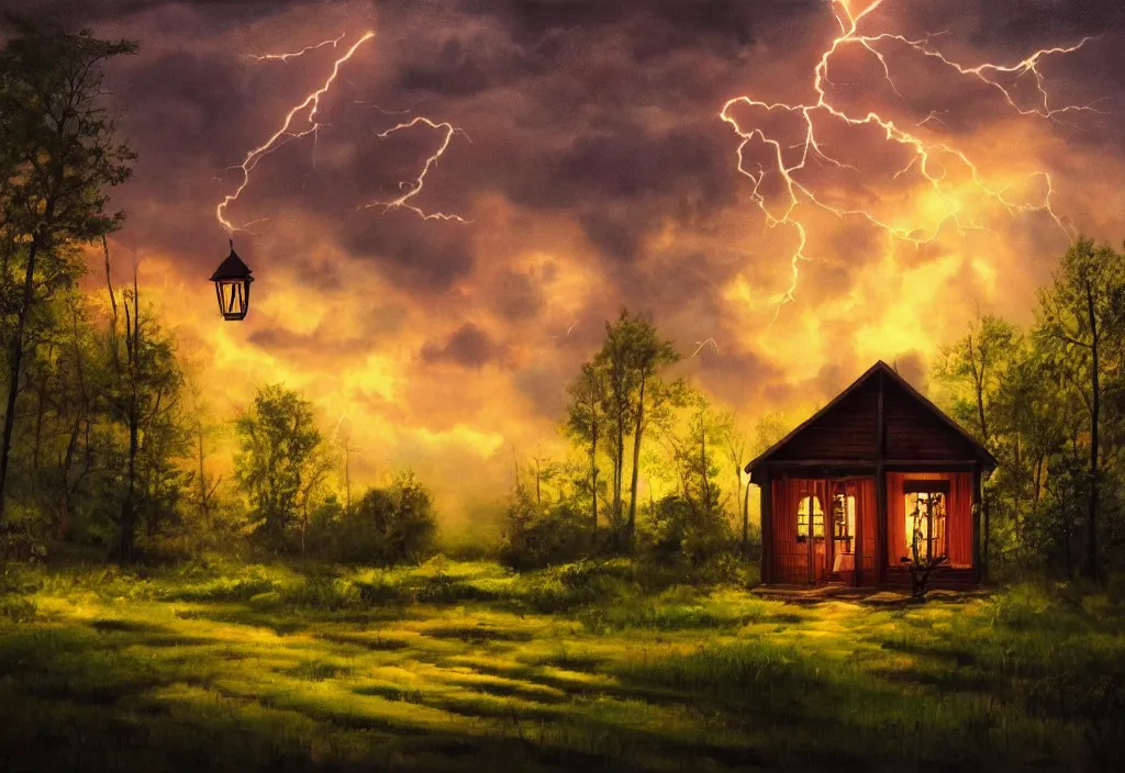 Image similar to small wooden house in the woods, there is lanterns around illuminating the environment, cinematic lightning, dramatic, clouds, sky, the time of day is sunset, highly detailed, oil painting,