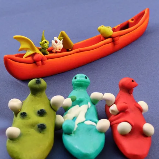 Image similar to polymer clay dragons in a canoe, eating pizza, claymation