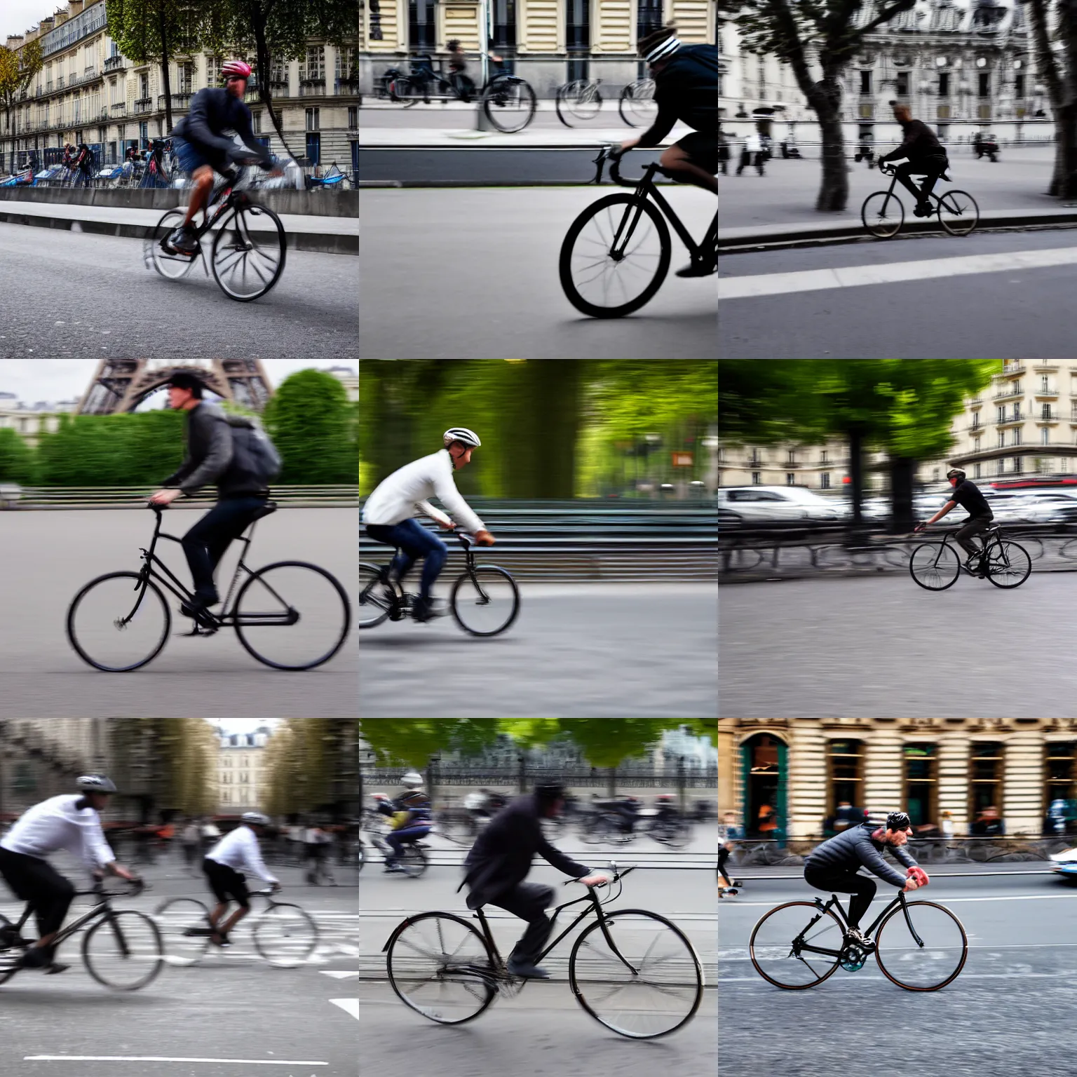 Prompt: a man racing a bicycle in paris, motion blur, award winning photo, high detail, tilted, atmospheric, 8k