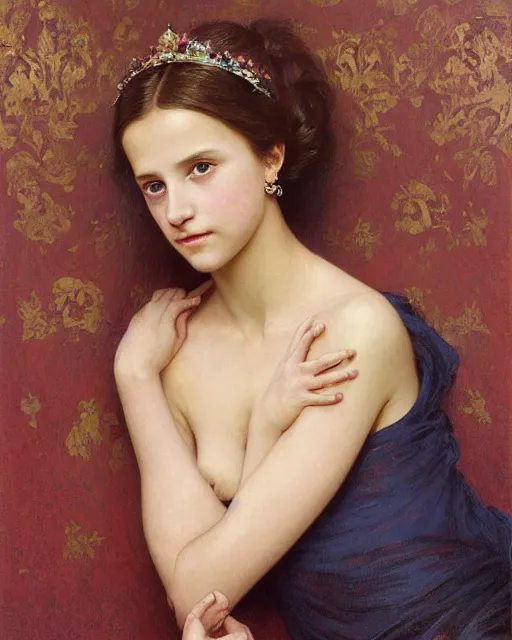 Image similar to a portrait painting of a shy, blushing 1 6 - year old alicia vikander or millie bobby brown as a princess lying on her back on a wooden floor, hair fanned around, intricate, elegant, highly detailed, artstation, concept art, by krenz cushart and donato giancola and william adolph bouguereau and alphonse mucha