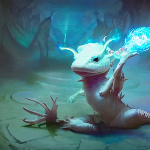 Image similar to Anthropomorphized Axolotl magician casting bright magic light spell, magic the gathering artwork, D&D, fantasy, cinematic lighting, centered, highly detailed, digital painting, artstation, concept art, smooth, sharp focus, illustration, volumetric lighting, 8k, art by Akihiko Yoshida and Greg Rutkowski