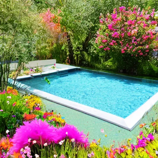 Prompt: swimming pool in the middle of a land of flowers