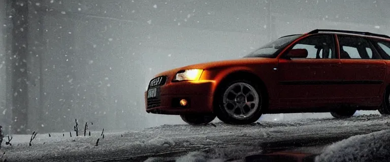 Image similar to Audi A4 B6 Avant (2002), a gritty neo-noir, dramatic lighting, cinematic, eerie person silhouette, death, homicide, homicide in the snow, gunshots, establishing shot, extremely high detail, photorealistic, cinematic lighting, artstation, by simon stalenhag, Max Payne (PC) (2001) winter New York at night, In the style of Max Payne 2 graphic novel, flashing lights, Poets of the Fall - Late Goodbye