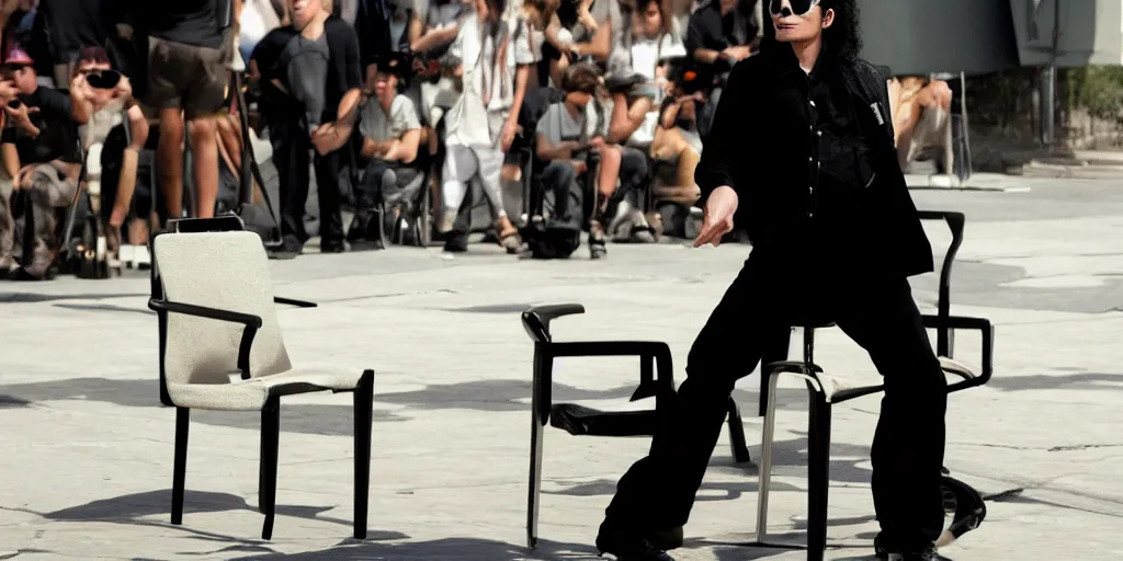 Image similar to michael jackson 2 0 0 9 wearing shades, alone, this is it style, photo real, skin, motion blur, sitting in a chair, by himself, real life, spotted, leaked, ultra realistic face, accurate, 4 k, movie still, uhd, sharp, detailed, cinematic, render, modern