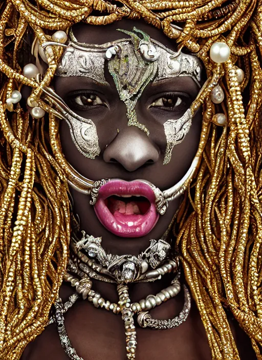 Prompt: hyperrealism, detailed textures, award winning autochrome photo, symetrical africanpearl old screaming medusa queen autochrome pearl portrait, pearl silverplate, intricate, detailed facial pearl scary animal mask, pearl, golden jewelery, silverplate, ultra realistic, cinematic, intricate, cinematic light by steve mccurry, unreal engine 8 k