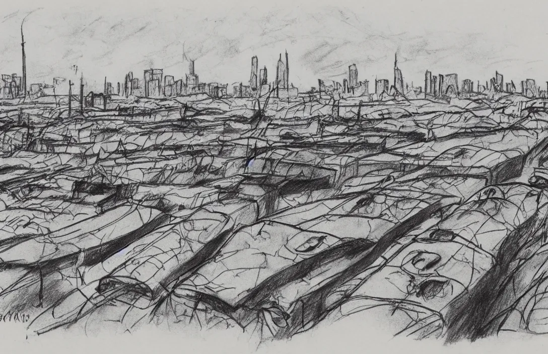 Image similar to milt kahl sketch of world war 1 trenches with the city of miami in the background