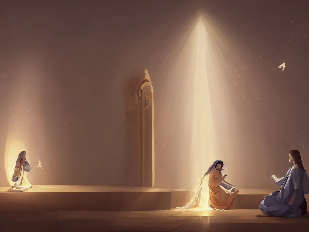 Image similar to the annunciation with mary on the left and archangel on the right, with a beam of light coming down from the top right towards mary on the left, by goro fujita, trending on artstation, 8k, highly detailed, digital graphic art